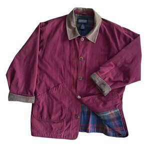 Vintage Lands End Jacket Men Large Chore Coat Barn Canvas Plaid Corduroy Trim